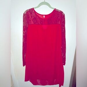 NWOT Shein Flattery Red Lace Long Sleeve Dress. Overlays Soft layers.